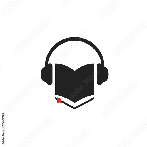 Book with headphones symbolizing audiobook and digital learning on a white background. EPS 10.