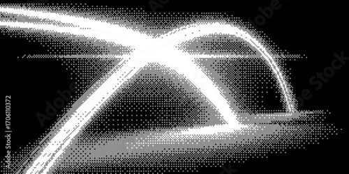 Abstract pixel bitmap effect background with curved glowing arcs in white light futuristic design