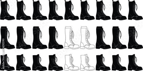 Boot grid pattern, black and white footwear, lace-up design, thick sole boots, side profile view, vector illustration, fashion icon
