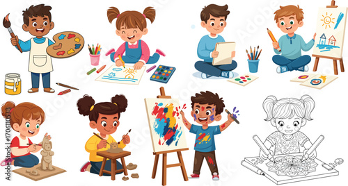 Cartoon children doing art activities, painting, drawing, sculpting, creative character set for education, lifestyle, school, and artistic expression themes