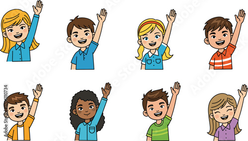 Cartoon children raising hands, diverse classroom character set with cheerful expressions for education, school activity, participation, and lifestyle illustration themes