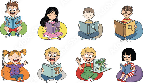Cartoon children reading books on bean bags, diverse character set with colorful props for education, lifestyle, school, and creative learning themes