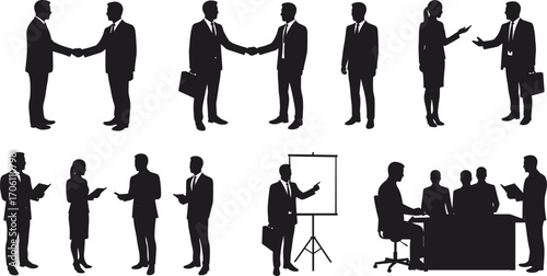 Business silhouettes, handshake, meeting, presentation, discussion, briefcase, teamwork, corporate interaction, professional attire, negotiation, folder, tablet, strategy, talk
