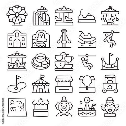 Amusement Park and Carnival Icons Set.