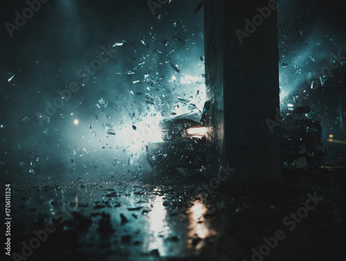 Front of a car smashed into a pole on a rainy night, scattered engine parts and dramatic wet reflections, cinematic dark scene.