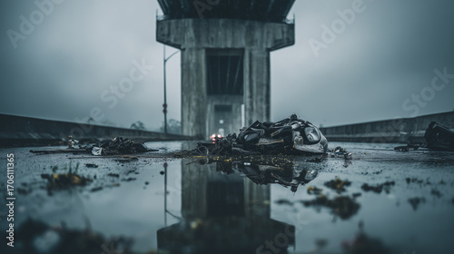 Front of a car smashed into a pole on a rainy night, scattered engine parts and dramatic wet reflections, cinematic dark scene.