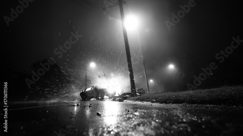 Front of a car smashed into a pole on a rainy night, scattered engine parts and dramatic wet reflections, cinematic dark scene.