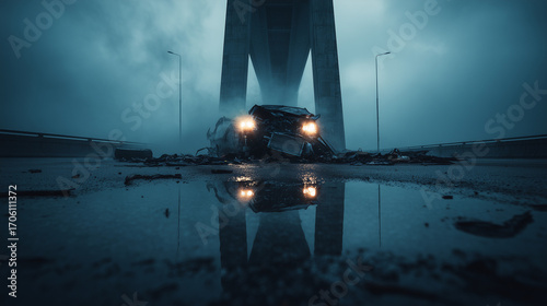 Front of a car smashed into a pole on a rainy night, scattered engine parts and dramatic wet reflections, cinematic dark scene.