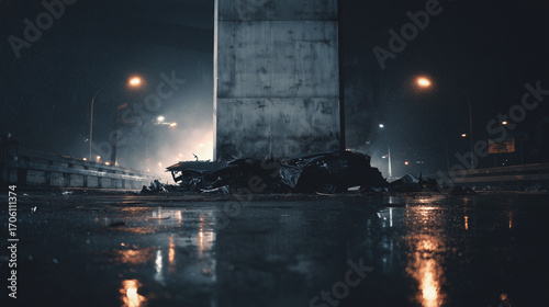 Front of a car smashed into a pole on a rainy night, scattered engine parts and dramatic wet reflections, cinematic dark scene.