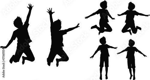 Children jumping silhouette set, black-and-white illustrations of joyful motion and playful poses for lifestyle, freedom, emotion, and youth themes