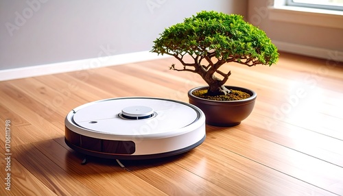 Robotic vacuum cleaner next to bonsai tree on light wood floor