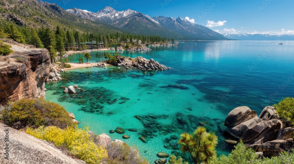 Fototapeta premium Turquoise waters meet rock formations and pine trees, with snow-capped mountains in the distance under a bright, clear sky