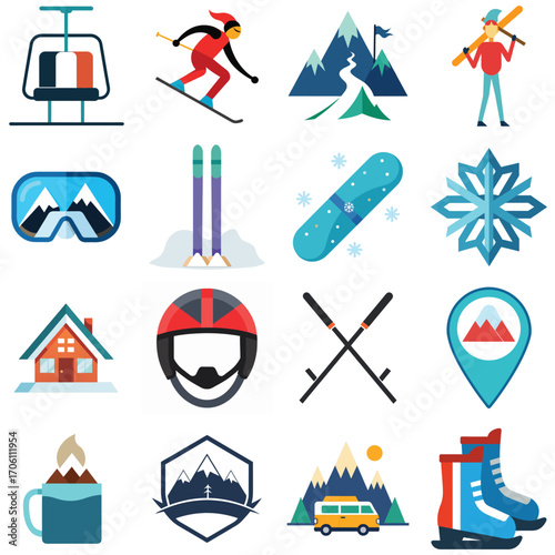 Minimalist flat icon of a ski lift chair for winter sports and travel