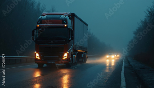 Red Semi-Trailer Truck on Wet Road at Dusk