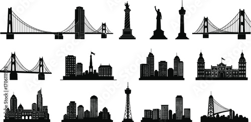Cityscape silhouettes of famous urban skylines, landmarks, towers, and bridges in black vector icons isolated on white background