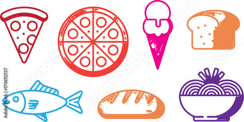 Colorful Food Icons Set – Pizza, Ice Cream, Bread, Fish, and Noodles