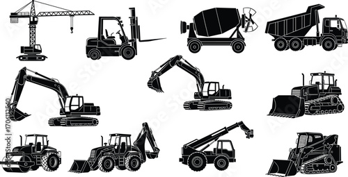 Construction equipment, heavy machinery, excavator, bulldozer, forklift, crane, dump truck, loader, roller, cement mixer, backhoe, 