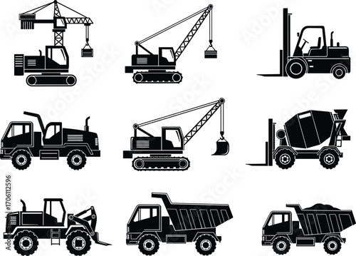 Construction vehicle silhouettes, heavy machinery icons, vector illustration, crane, excavator, dump truck, forklift, bulldozer, cement mixer, industrial clipart