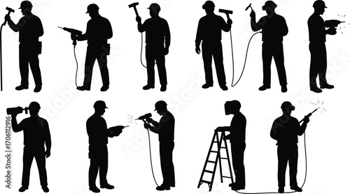 Construction worker silhouette set, welding, drilling, hammering, inspection, industrial tools, black figures, maintenance, labor, spray painting, safety gear