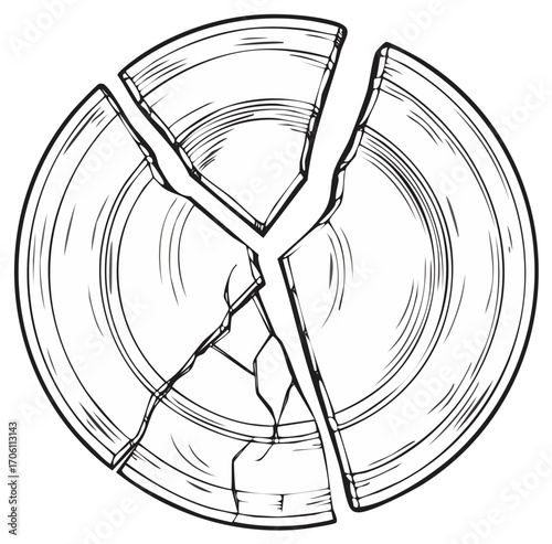 Black and white line art illustration of a broken ceramic plate shattered into pieces