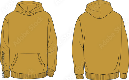 Front and back view hoodie flat sketch, kangaroo pocket pullover design, unisex casual fashion template, vector apparel illustration, clothing mockup drawing for design