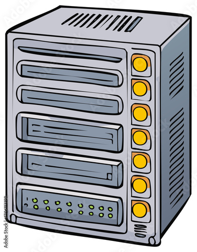 Cartoon illustration of a network server tower for data storage, cloud computing, and IT infrastructure.