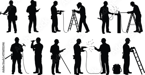 Construction workers silhouettes, manual labor, industrial tools, safety gear, teamwork, welding, drilling, hammering, ladder work, occupational roles, black vector icons