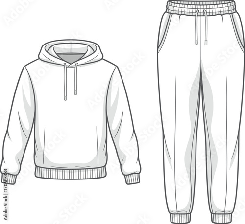 Hoodie and joggers technical flat sketch, unisex tracksuit design, casual wear fashion template, front view vector illustration, apparel drawing for clothing design