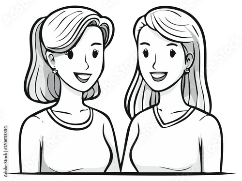 Two happy smiling young women in black and white cartoon vector illustration, female friendship concept.