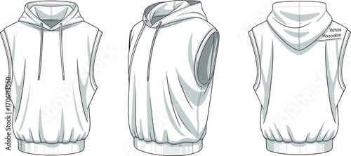 Sleeveless hoodie technical fashion flat sketch, front side back view, vector clothing template, casual unisex vest design, gym wear pullover illustration