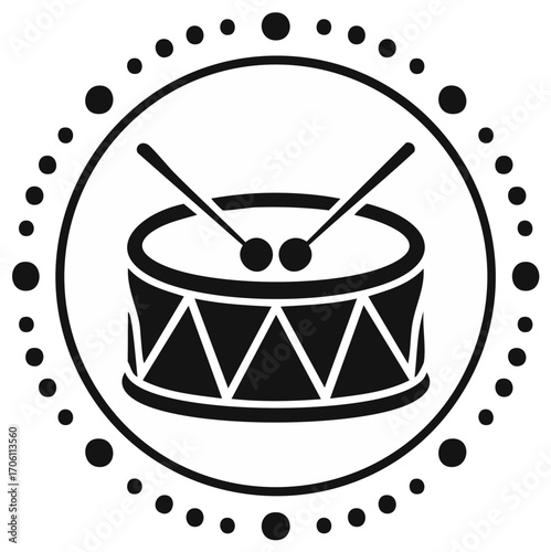 Circular drum symbol with drumsticks in a decorative dotted border