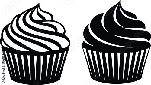Cupcake silhouette vector icons, sweet dessert illustrations with swirled frosting, black and white bakery graphics for food and pastry design