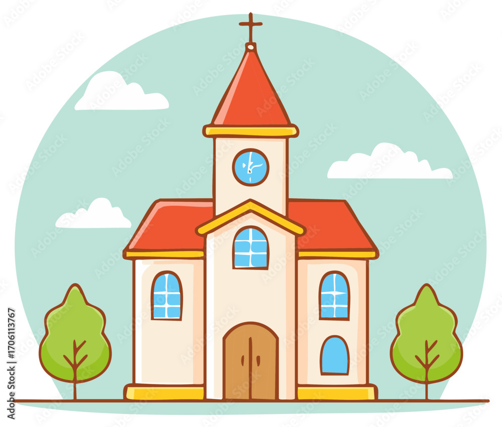 Naklejka premium Whimsical cartoon church illustration with steeple, cross, clock, and lush green trees under a clear sky