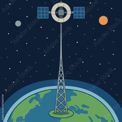 Stylized communication tower reaching into space over Earth with celestial bodies