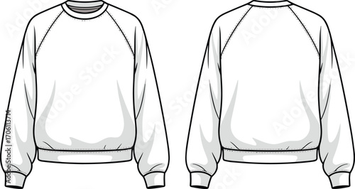 Front and back sweatshirt technical flat sketch, casual fashion design template, long sleeve pullover mockup, unisex garment vector, apparel illustration drawing