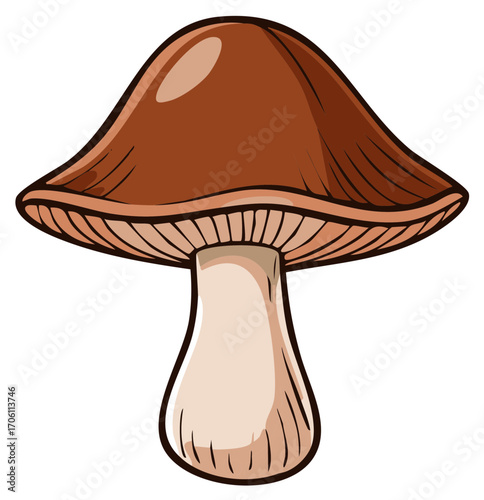 Simple cartoon illustration of a brown forest mushroom with a thick stem and gills