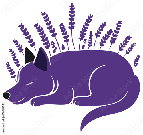 Sleeping Dog with Lavender, Purple Floral Illustration, Dog Nap, Lavender Aroma