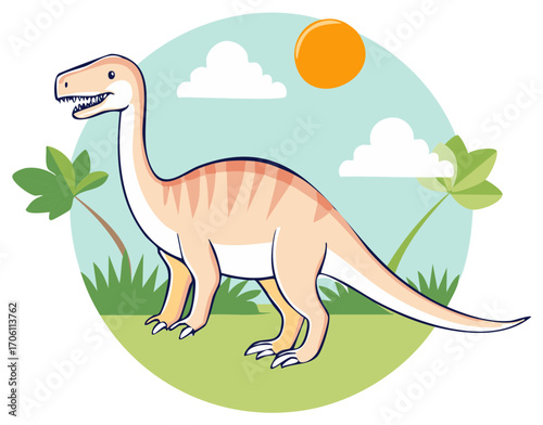 Cute cartoon dinosaur walking in a prehistoric landscape with palm trees and sun