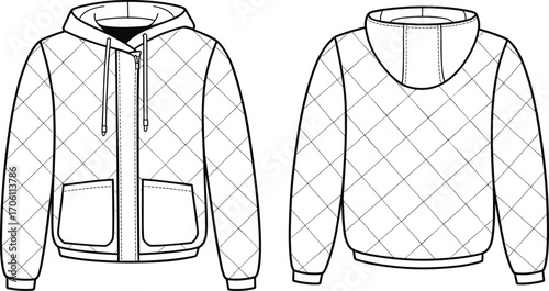 Quilted hoodie front and back flat sketch, zipper jacket technical drawing, unisex padded outerwear fashion design, vector apparel template for clothing illustration