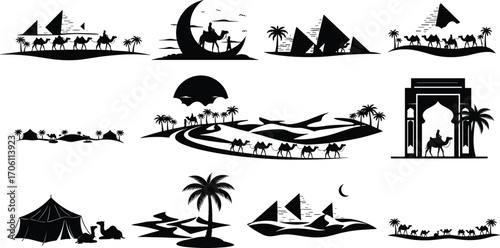 Desert camel caravan silhouettes, Egyptian pyramids, palm trees, sand dunes, nomad tents, Arabic gate, vector illustration, Middle East clipart