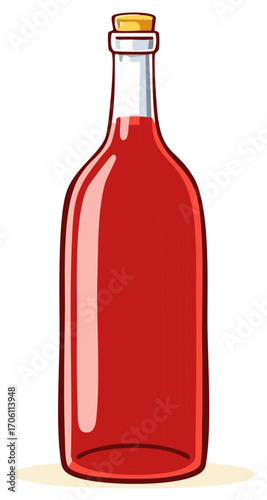 Red liquid in glass bottle with cork stopper illustration