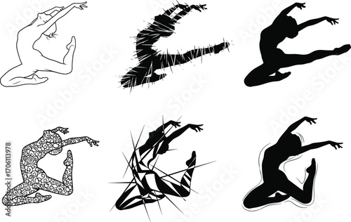 Dancer leap pose illustrations, silhouette styles, black and white vector set, motion energy, expressive movement, graphic texture, dynamic performance art