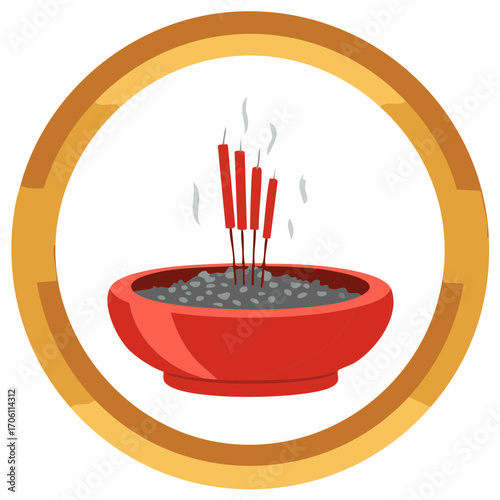 Smoking red incense sticks in a traditional censer for prayer and spiritual offering illustration