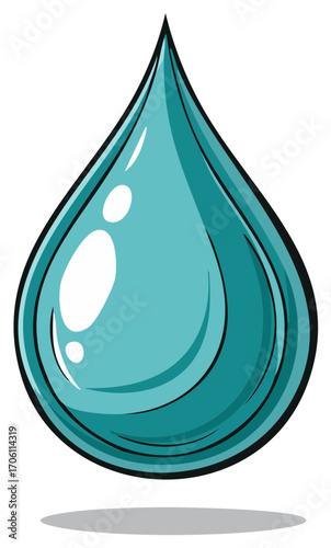 Cartoon illustration of a water droplet, with reflections and shadows, for design and nature.