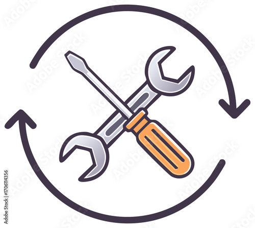 Crossed wrench and screwdriver with circular refresh arrows for repair, maintenance, and service icon