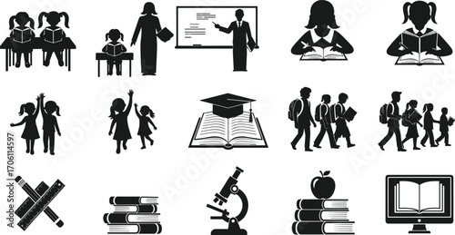 Education icons, students, teachers, books, classroom, reading, learning, school kids, graduation, microscope, online study, study tools, academic symbols, teaching, back to school, 