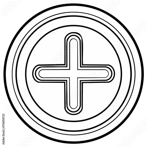 Medical Plus Sign Outline within Circular Design Black and White Icon