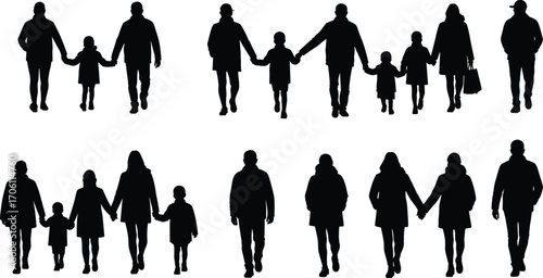 Family silhouettes walking, parents and children, holding hands, black vector icons, unity, love, lifestyle, relationships, diversity, group bonding