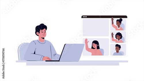 Business online virtual meeting and discussion using laptop illustration vector business animated video