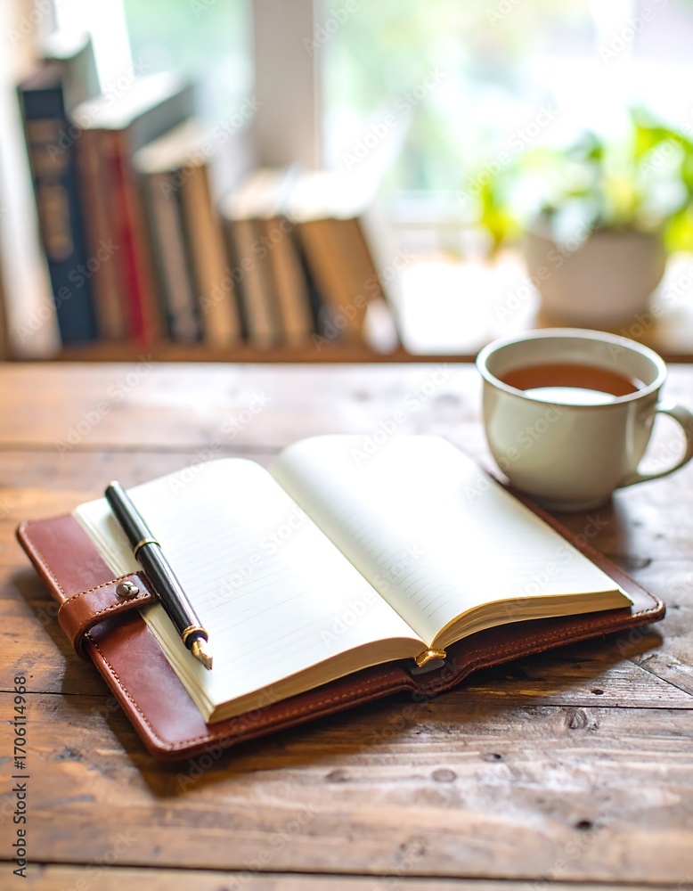 Fototapeta premium Open notebook, teacup, and pen on a wooden table